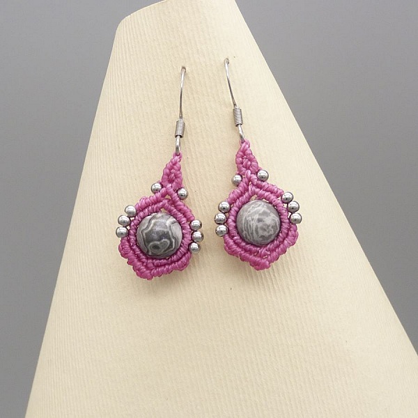 Candy pink micro-macram&eacute; earrings with silver leaf jasper beads
