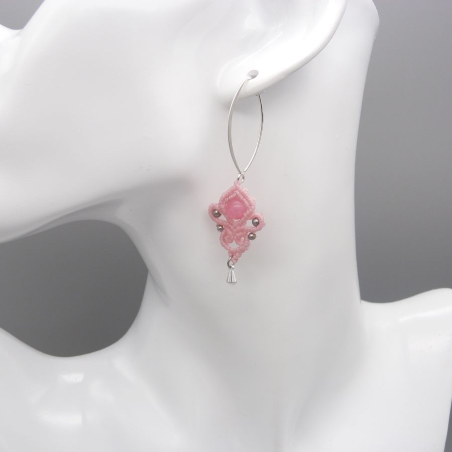 Pink micro-macramé earrings with a pink gemstone bead