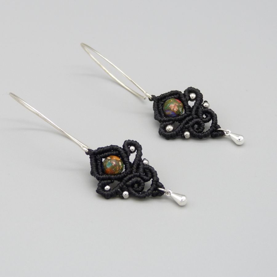 Black micro-macramé earrings with imperial jasper beads