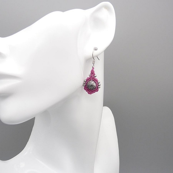 Candy pink micro-macram&eacute; earrings with silver leaf jasper beads