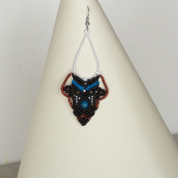 Brown, turquoise blue, copper micro-macram&eacute; earrings