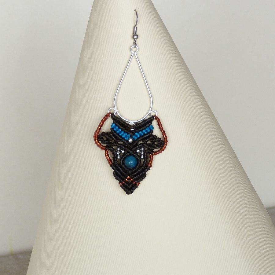 Brown, turquoise blue, copper micro-macramé earrings