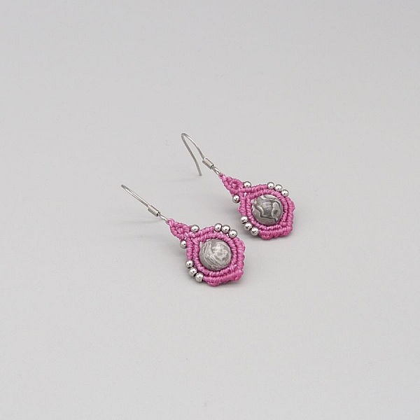 Candy pink micro-macram&eacute; earrings with silver leaf jasper beads
