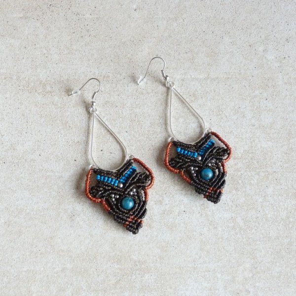 Brown, turquoise blue, copper micro-macram&eacute; earrings