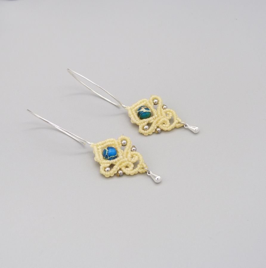 Cream tone micro-macramé earrings with an aqua terra jasper bead