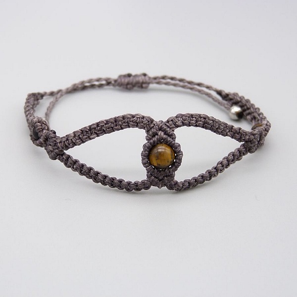 Purple micro-macram&eacute; bracelet with three tiger eye beads
