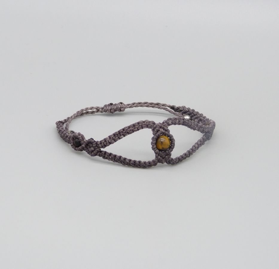 Purple micro-macramé bracelet with three tiger eye beads