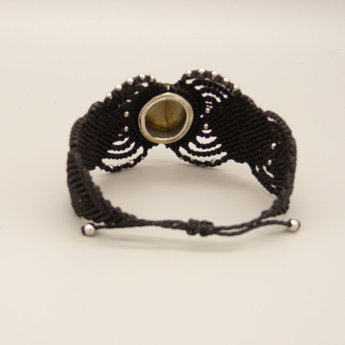 Black micro-macramé bracelet with a set labradorite