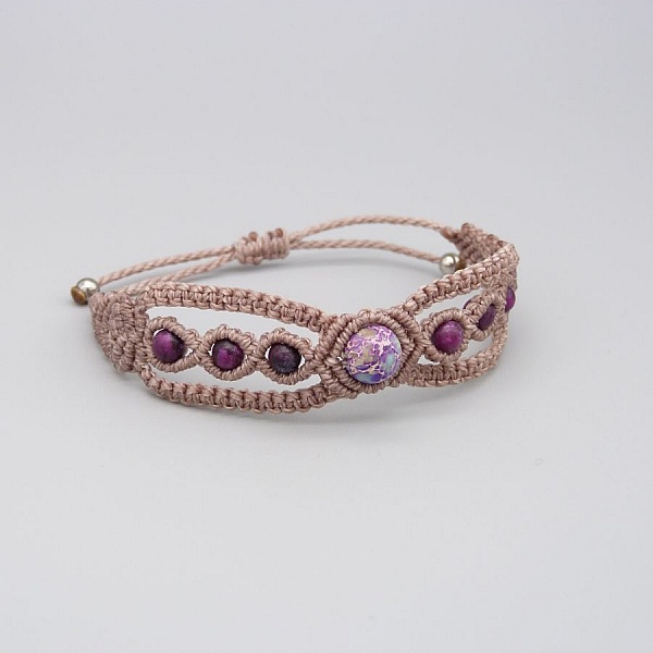 Taupe micro-macram&eacute; bracelet with a blue violet imperial jasper gemstone