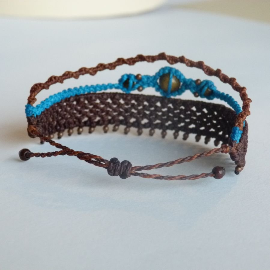 3 in 1 brown and turquoise blue micro-macram bracelet