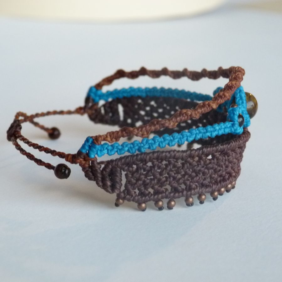 3 in 1 brown and turquoise blue micro-macram bracelet