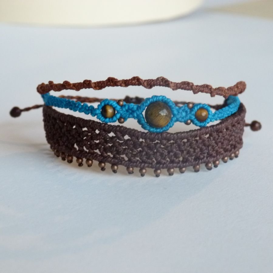 3 in 1 brown and turquoise blue micro-macram bracelet