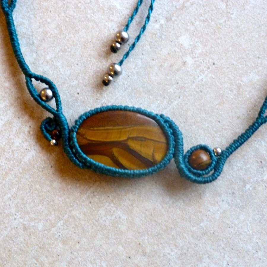 Duck blue micro-macramé necklace with a natural stone, the eye of tiger