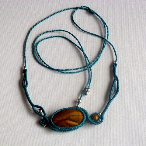 Duck blue micro-macramé necklace with a natural stone, the eye of tiger