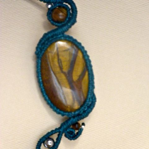 Duck blue micro-macramé necklace with a natural stone, the eye of tiger