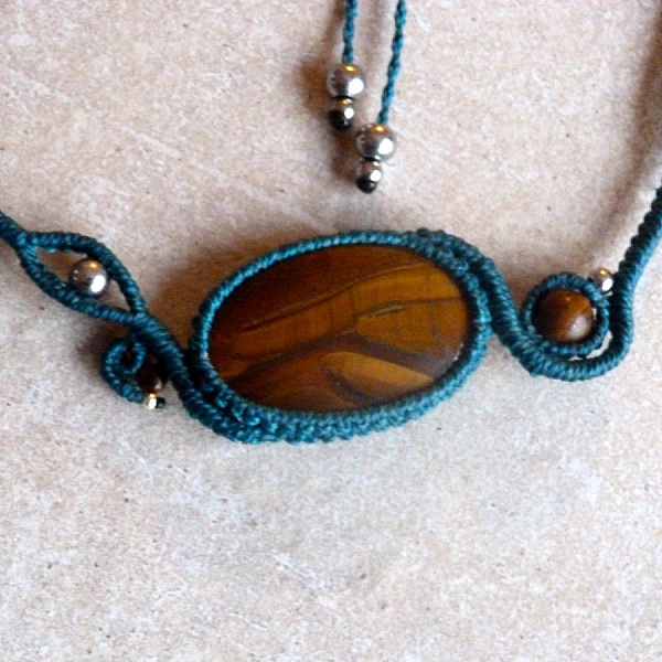 Duck blue micro-macram&eacute; necklace with a natural stone, the eye of tiger