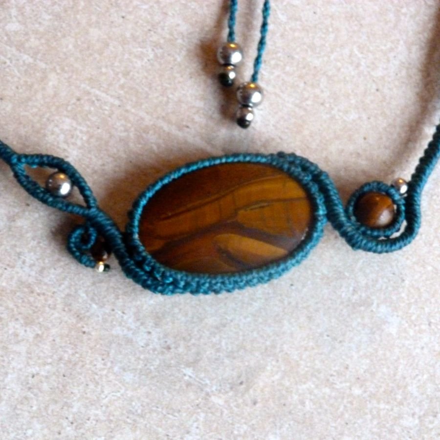 Duck blue micro-macramé necklace with a natural stone, the eye of tiger