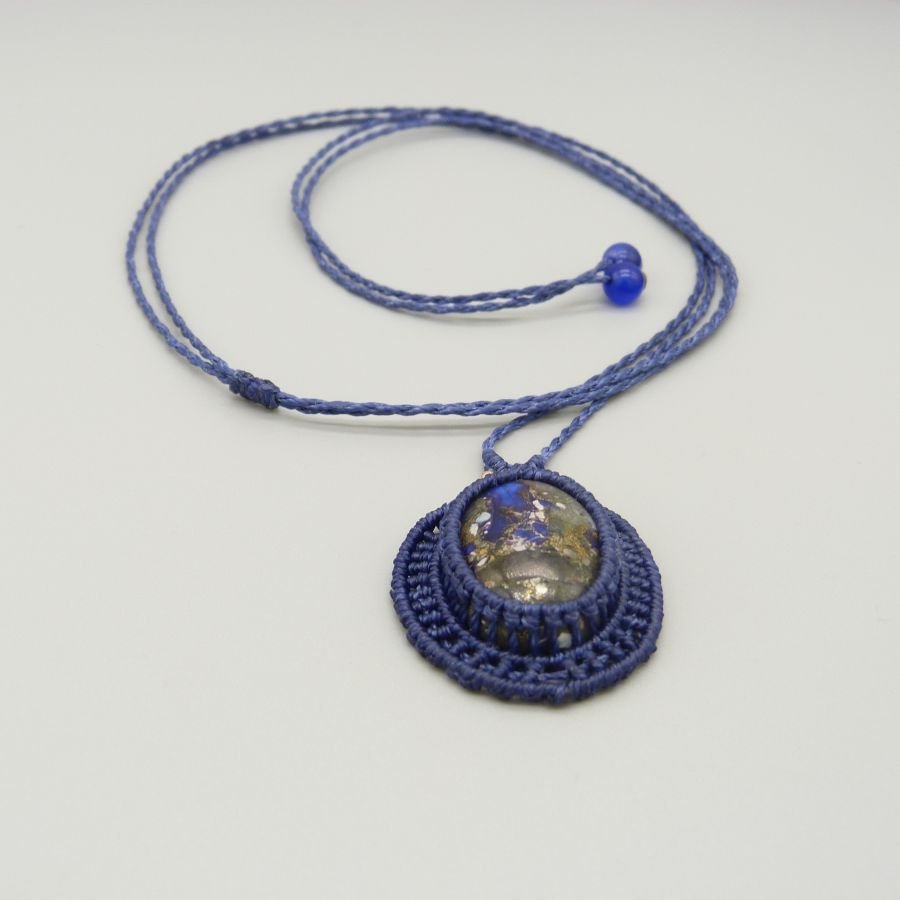 Dark blue micro-macramé necklace with a stone cabochon