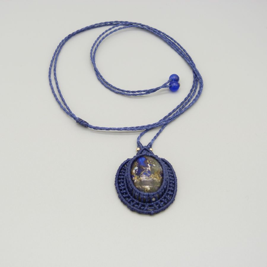 Dark blue micro-macramé necklace with a stone cabochon