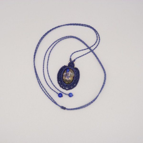 Dark blue micro-macram&eacute; necklace with a stone cabochon
