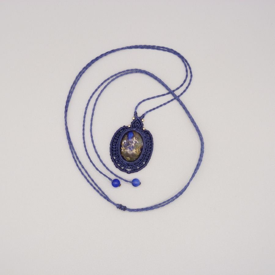 Dark blue micro-macramé necklace with a stone cabochon