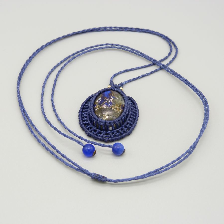 Dark blue micro-macramé necklace with a stone cabochon