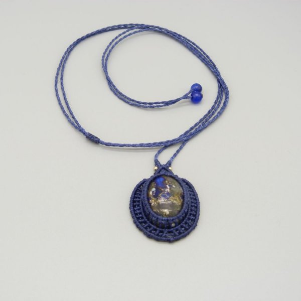 Dark blue micro-macram&eacute; necklace with a stone cabochon