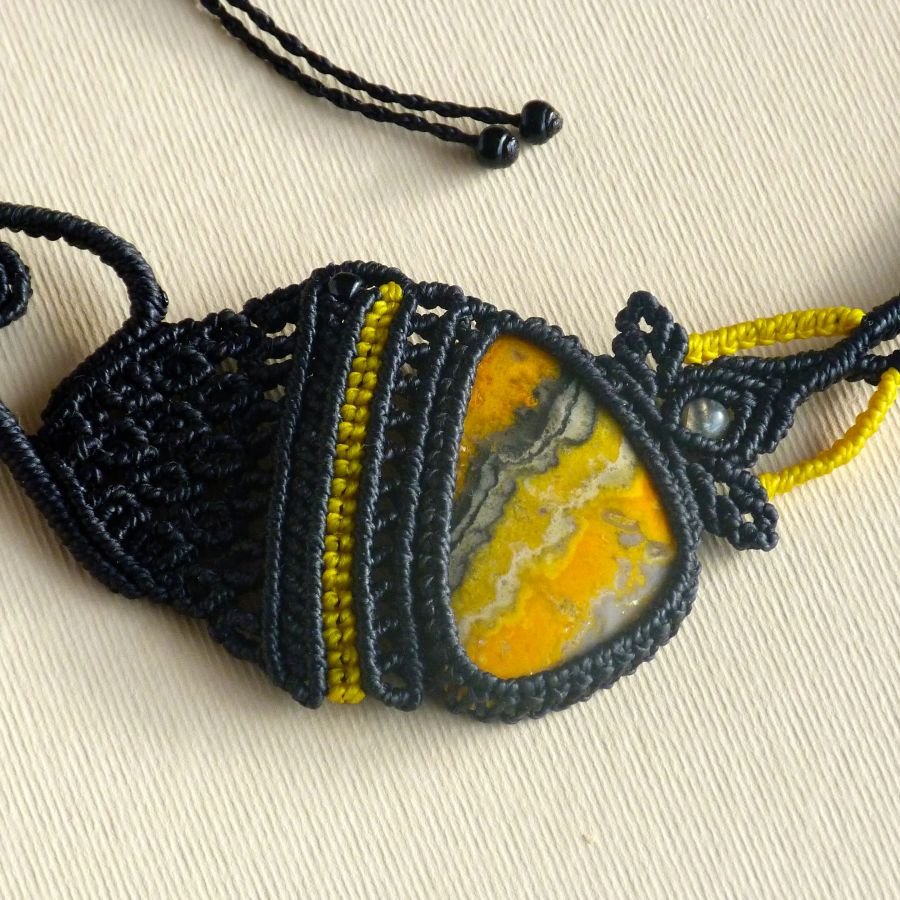 Black/yellow micro-macramé necklace with a natural stone, the jasper 