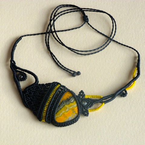 Black/yellow micro-macramé necklace with a natural stone, the jasper 