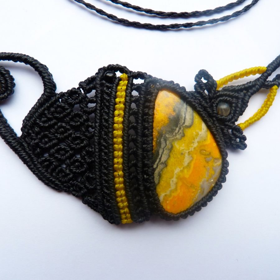 Black/yellow micro-macramé necklace with a natural stone, the jasper 