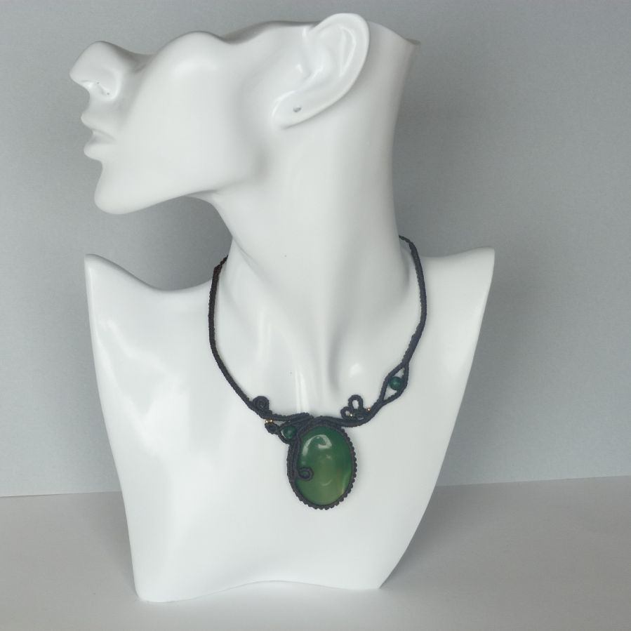 Chocolate brown micro-macramé necklace with a green gemstone