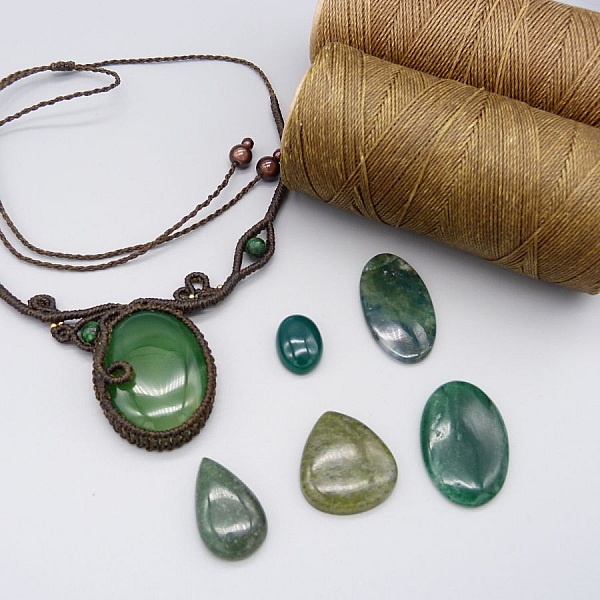 Chocolate brown micro-macram&eacute; necklace with a green gemstone