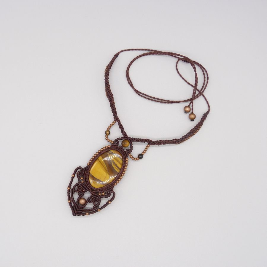 Brown micro-macramé necklace with a tiger eye cabochon