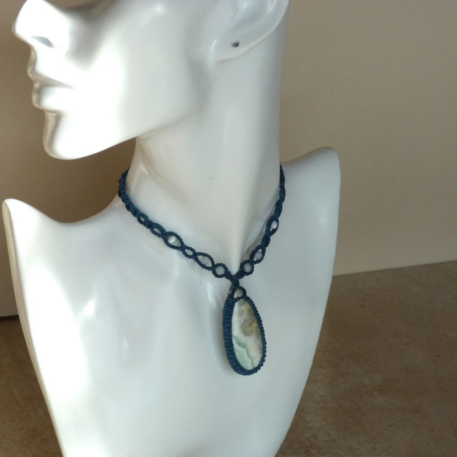 duck blue micro-macramé necklace with larsonite jasper