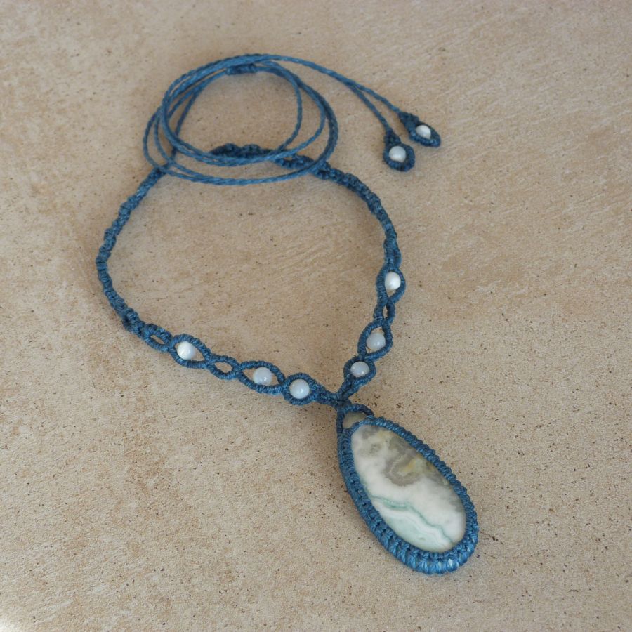 duck blue micro-macramé necklace with larsonite jasper