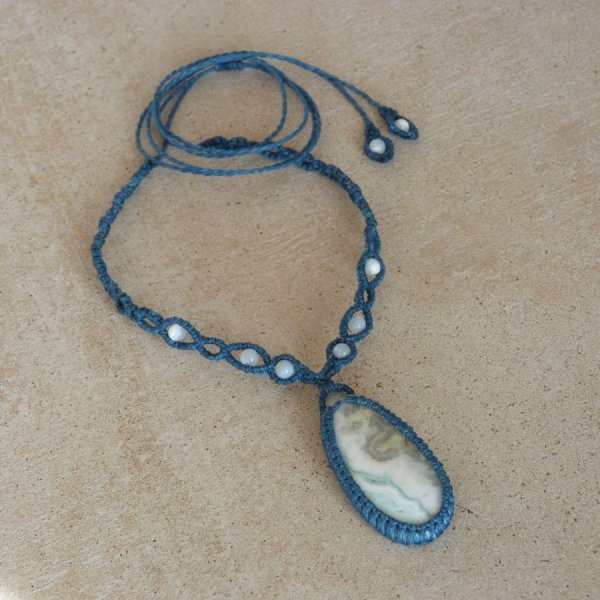 duck blue micro-macram&eacute; necklace with larsonite jasper