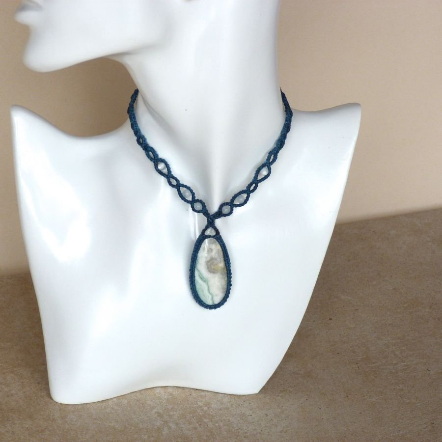 duck blue micro-macramé necklace with larsonite jasper