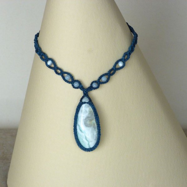 duck blue micro-macram&eacute; necklace with larsonite jasper