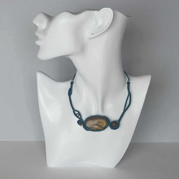 Duck blue micro-macram&eacute; necklace with a natural stone, the eye of tiger