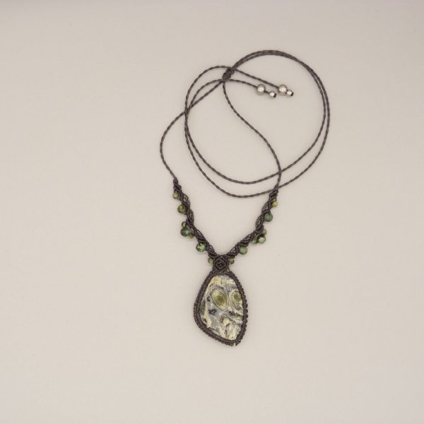 Dark grey micro-macram&eacute; necklace with a kambaba jasper