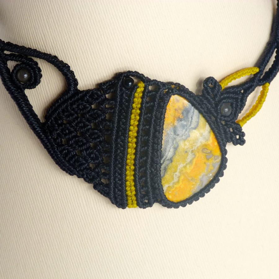 Black/yellow micro-macramé necklace with a natural stone, the jasper 