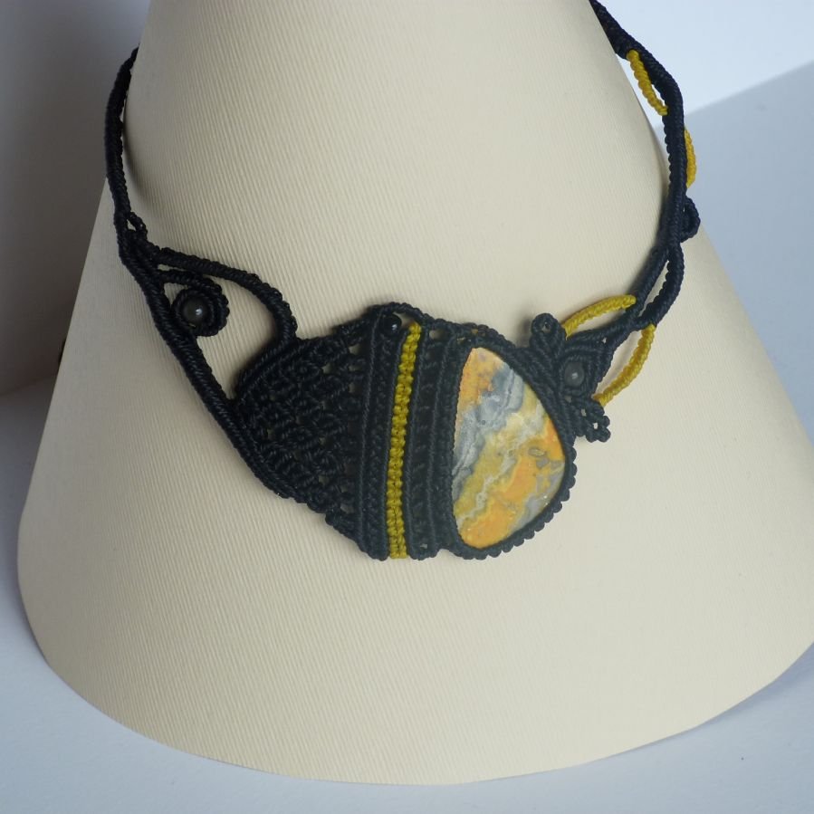 Black/yellow micro-macramé necklace with a natural stone, the jasper 