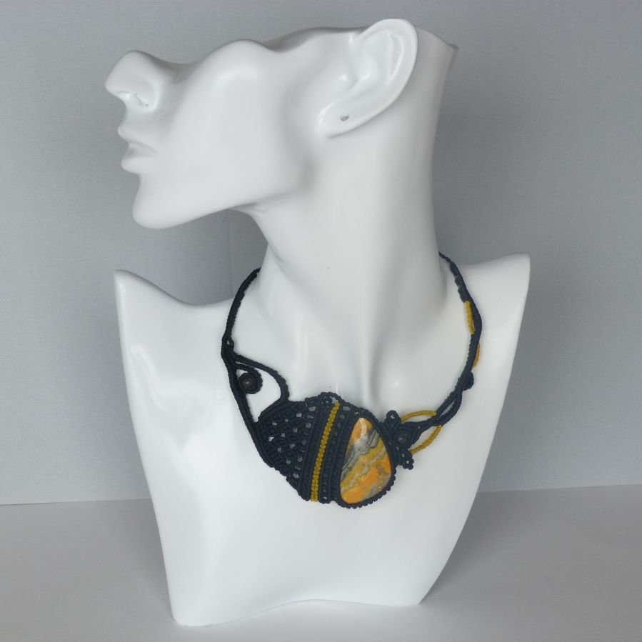 Black/yellow micro-macramé necklace with a natural stone, the jasper 