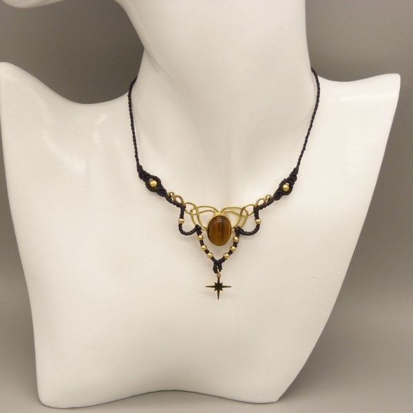 Black micro-macram&eacute; necklace with a tiger eye