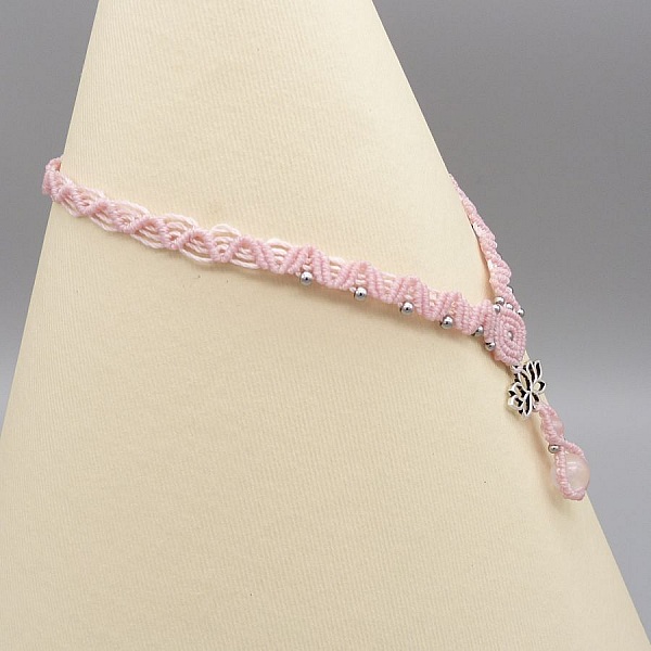 Pink micro-macram&eacute; necklace with two quartz beads 