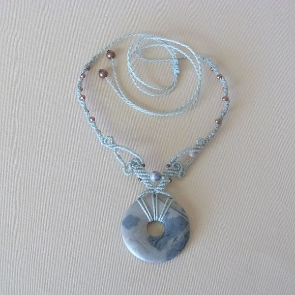 Water green necklace in micro-macram&eacute; with a natural stone, the picasso jasper, as a central piece