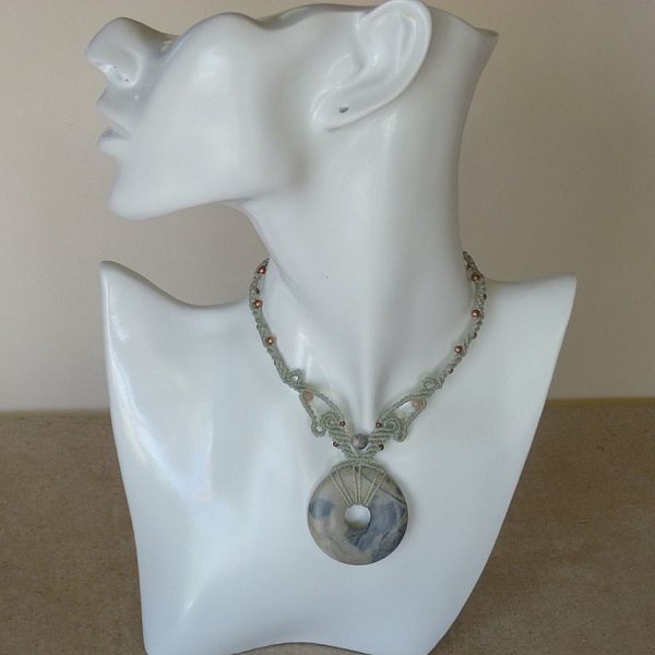 Water green necklace in micro-macram&eacute; with a natural stone, the picasso jasper, as a central piece