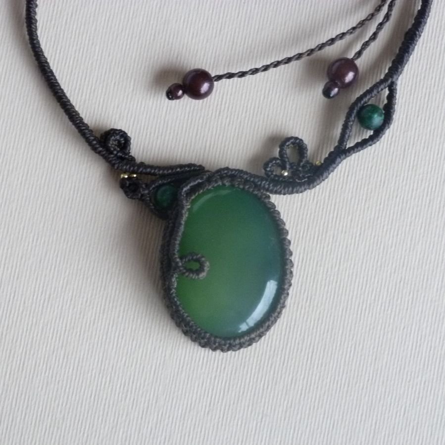 Chocolate brown micro-macramé necklace with a green gemstone