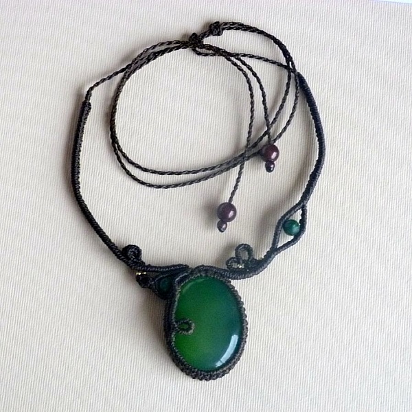 Chocolate brown micro-macram&eacute; necklace with a green gemstone
