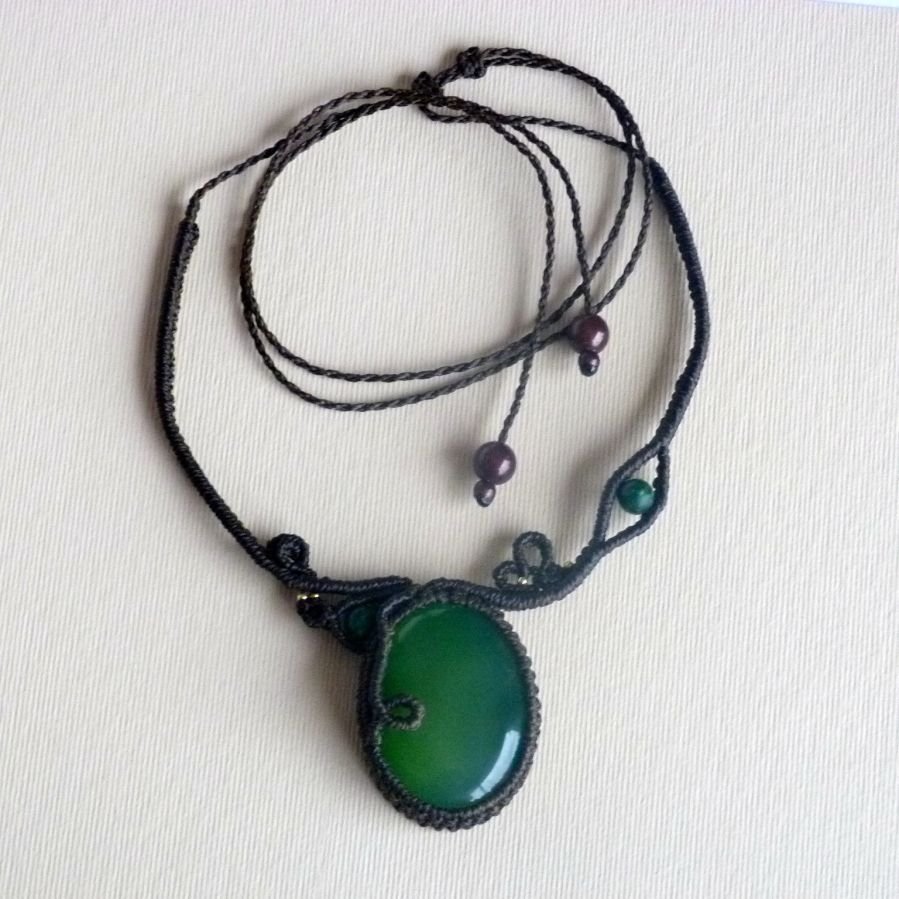 Chocolate brown micro-macramé necklace with a green gemstone